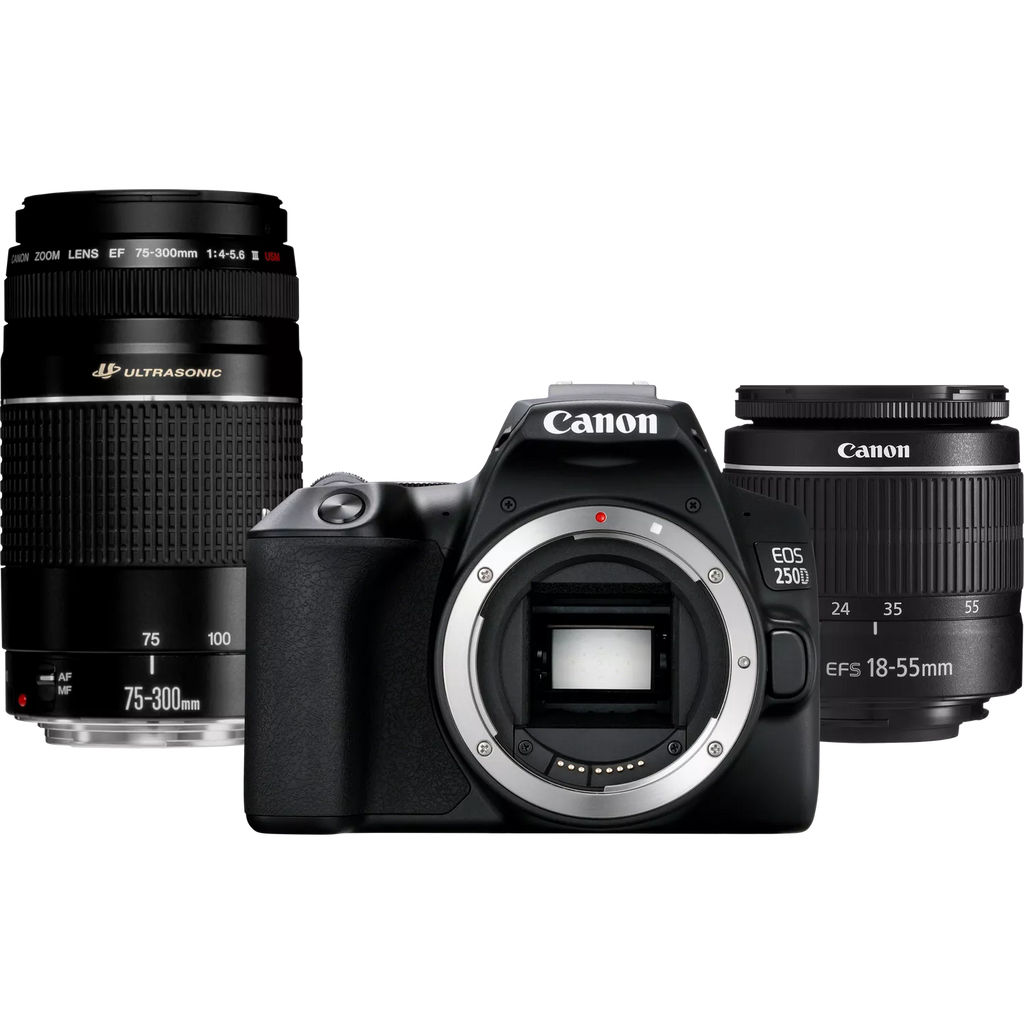 Canon EOS 250D, Black + EF-S 18-55mm f/3.5-5.6 III+ EF 75-300mm f/4-5.6 III Lens Canon