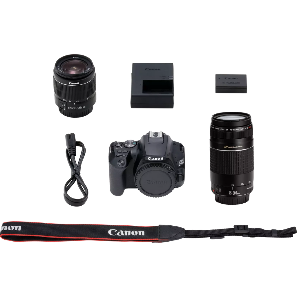 Canon EOS 250D, Black + EF-S 18-55mm f/3.5-5.6 III+ EF 75-300mm f/4-5.6 III Lens Canon