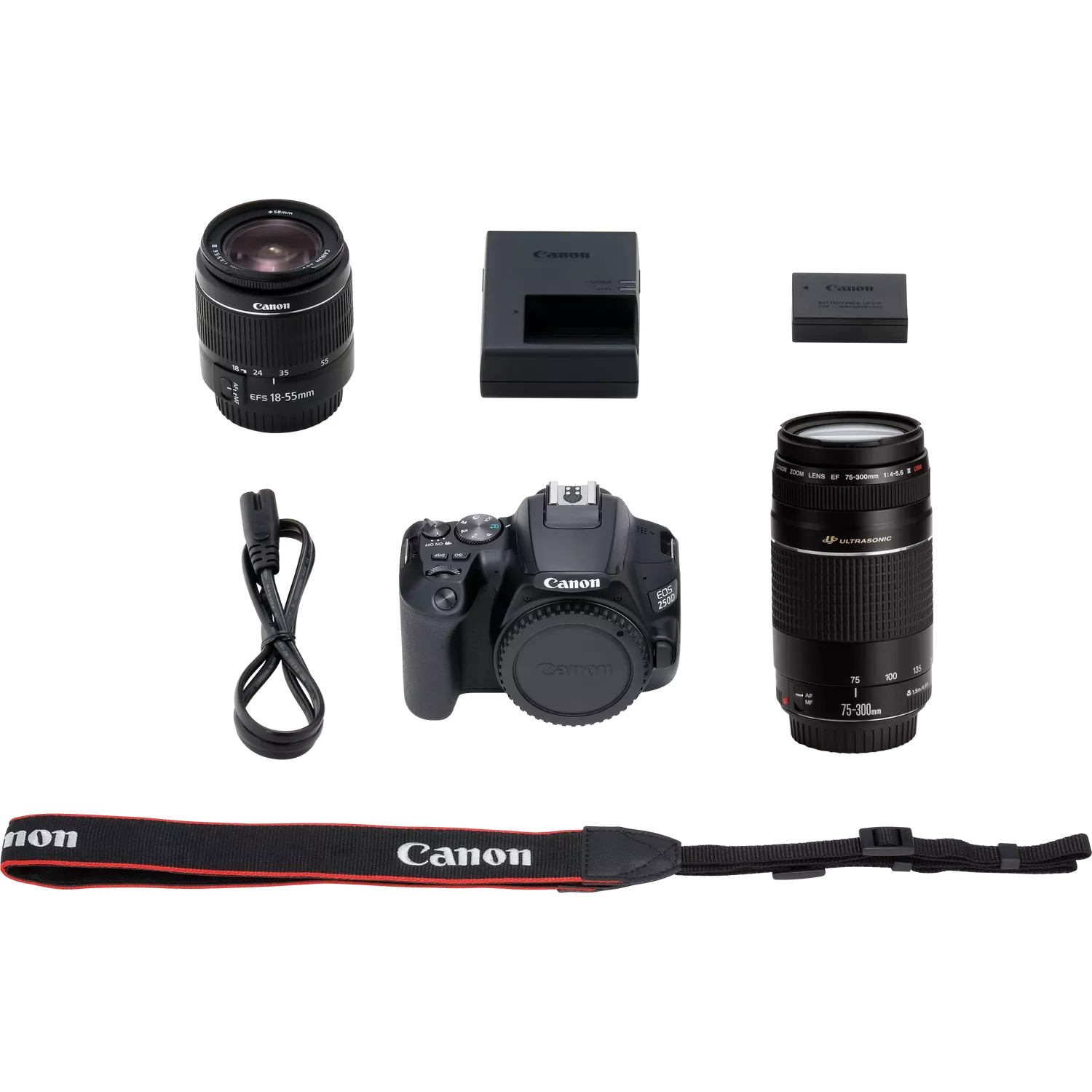 Canon EOS 250D, Black + EF-S 18-55mm f/3.5-5.6 III+ EF 75-300mm f/4-5.6 III Lens Canon
